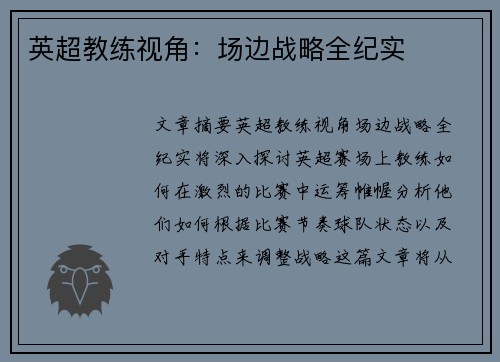 英超教练视角：场边战略全纪实