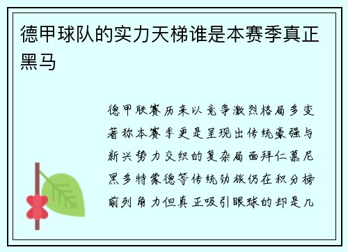 德甲球队的实力天梯谁是本赛季真正黑马