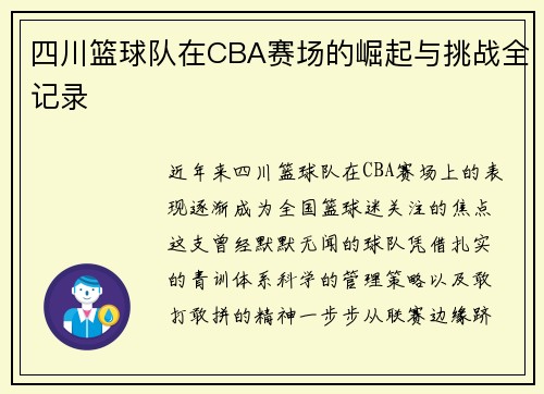 四川篮球队在CBA赛场的崛起与挑战全记录