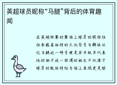 英超球员昵称“马腿”背后的体育趣闻