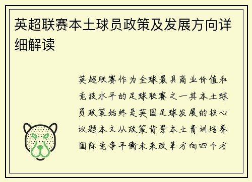 英超联赛本土球员政策及发展方向详细解读