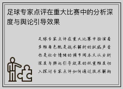 足球专家点评在重大比赛中的分析深度与舆论引导效果
